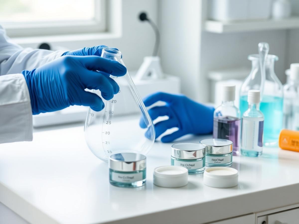 Técnica de laboratorio preparando una formulación de crema cosmética en una mesa de desarrollo limpia