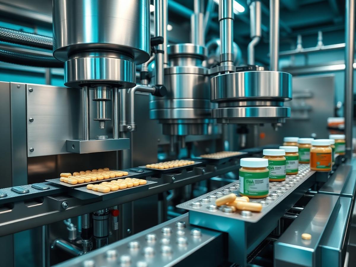 Línea de producción de suplementos llenando cápsulas y frascos en una planta limpia